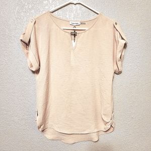 Calvin Klein Short Sleeved Blouse with Metal Hardware, Color: Blush, Size: XS